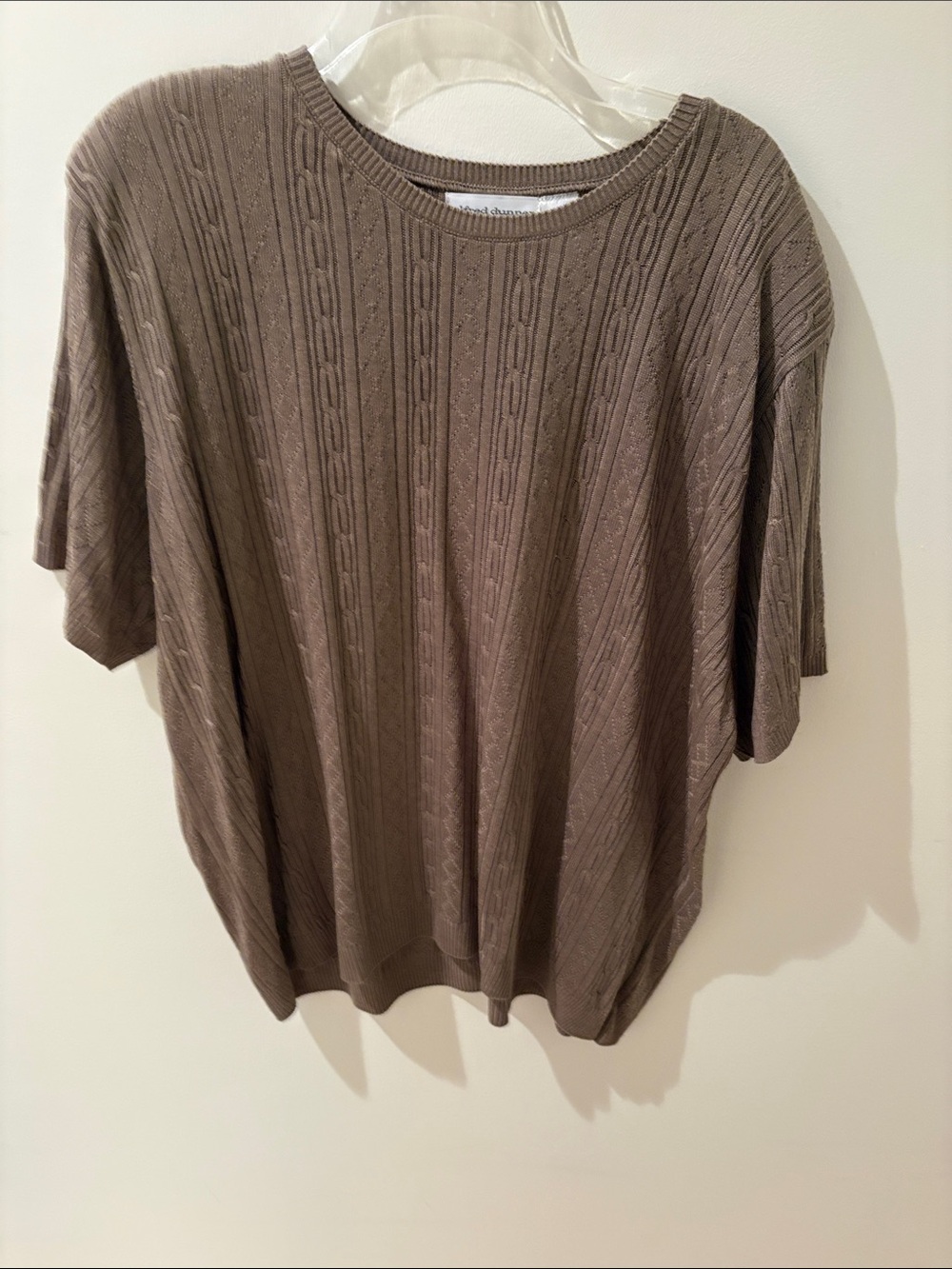 Alfred Dunner Taupe Brown Crewneck Cable Knit Short Sleeve Sweater